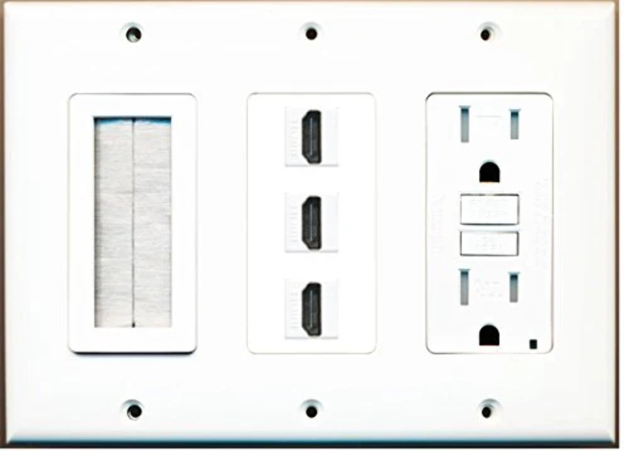 RiteAV - (3 Gang 15A GFCI Outlet Mesh-Brush 3 HDMI Wall Plate White