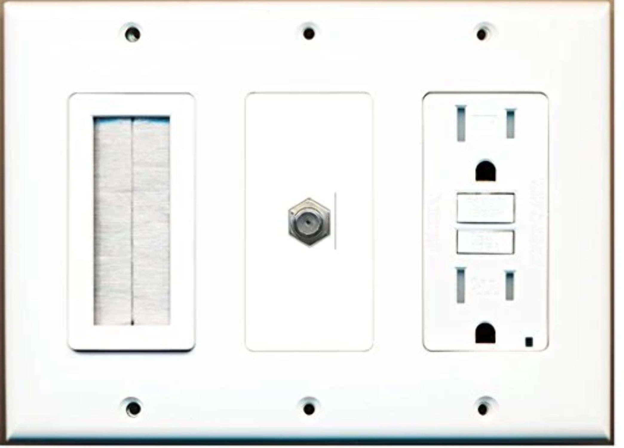 RiteAV - (3 Gang 15A GFCI Outlet Mesh-Brush Coax Wall Plate White