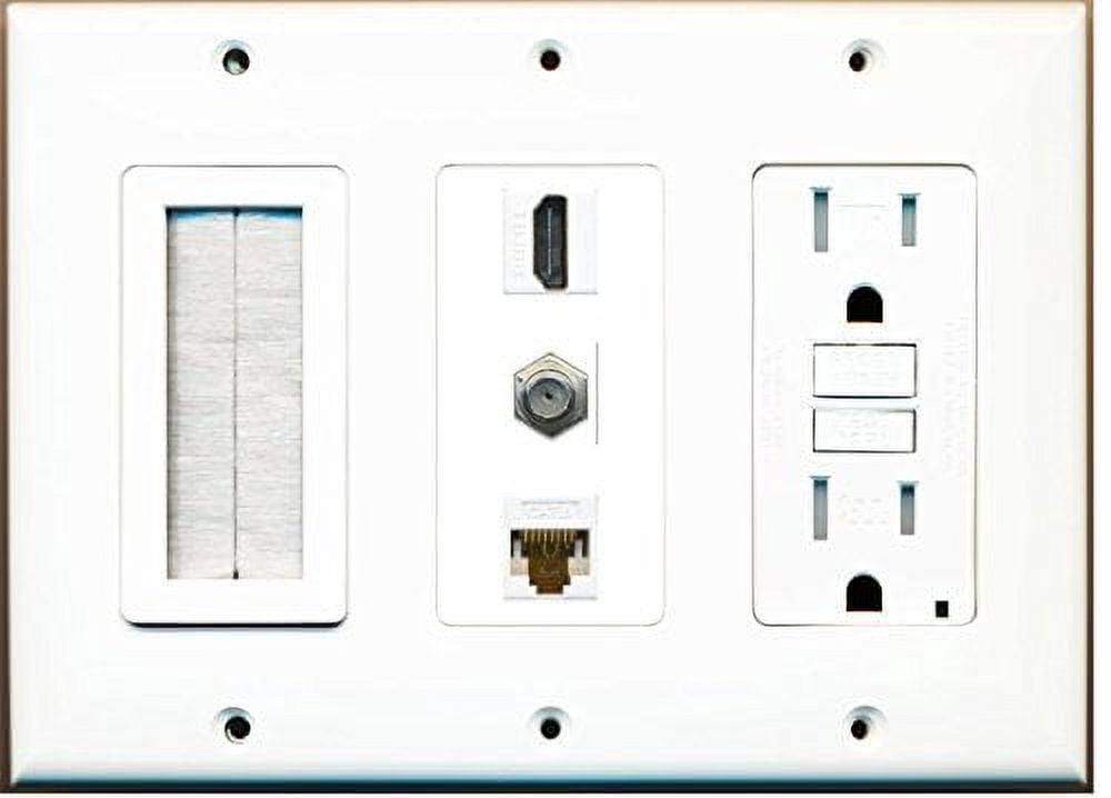 RiteAV - (3 Gang 15A GFCI Outlet Mesh-Brush HDMI Coax Cat6 White Wall Plate White