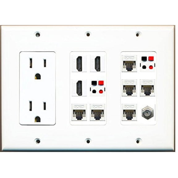 RiteAV - (3 Gang 15A Power Outlet 3 HDMI Coax 6 Cat5e 2 Speaker Jack Wall Plate White