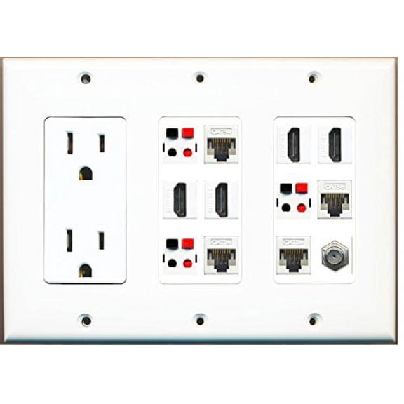 RiteAV (3 Gang 15A Power Outlet 4 HDMI Coax 4 Cat5e 3 Speaker Jack Wall Plate White