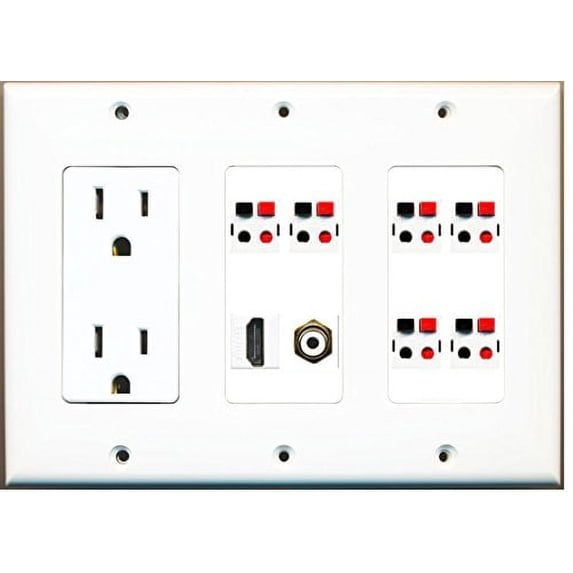 RiteAV - (3 Gang 15A Power Outlet HDMI RCA White 6 Speaker Jack Wall Plate White