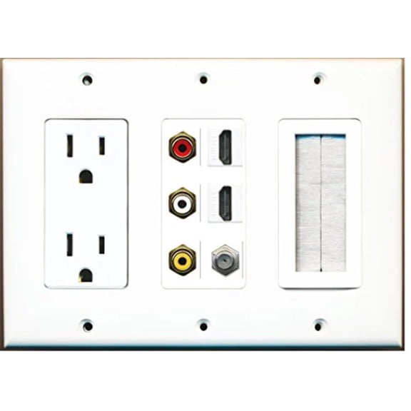 RiteAV - (3 Gang 15A Power Outlet Mesh-Brush 2 HDMI Coax Composite Video Wall Plate