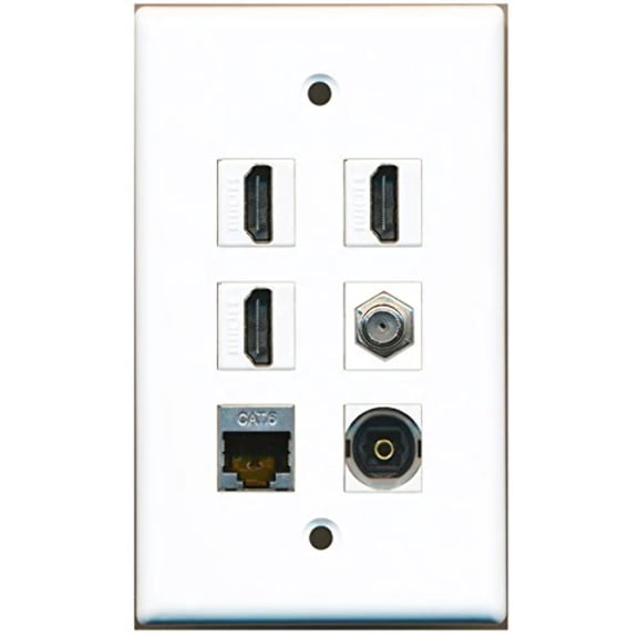 RiteAV - 3 HDMI 1 Port Coax Cable TV- F-Type Shielded Cat6 Ethernet Toslink Wall Plate - White