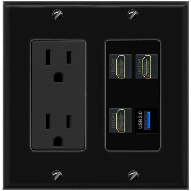 RiteAV 3 HDMI USB-3 Wall Plate with 15A Power Outlet [Black]