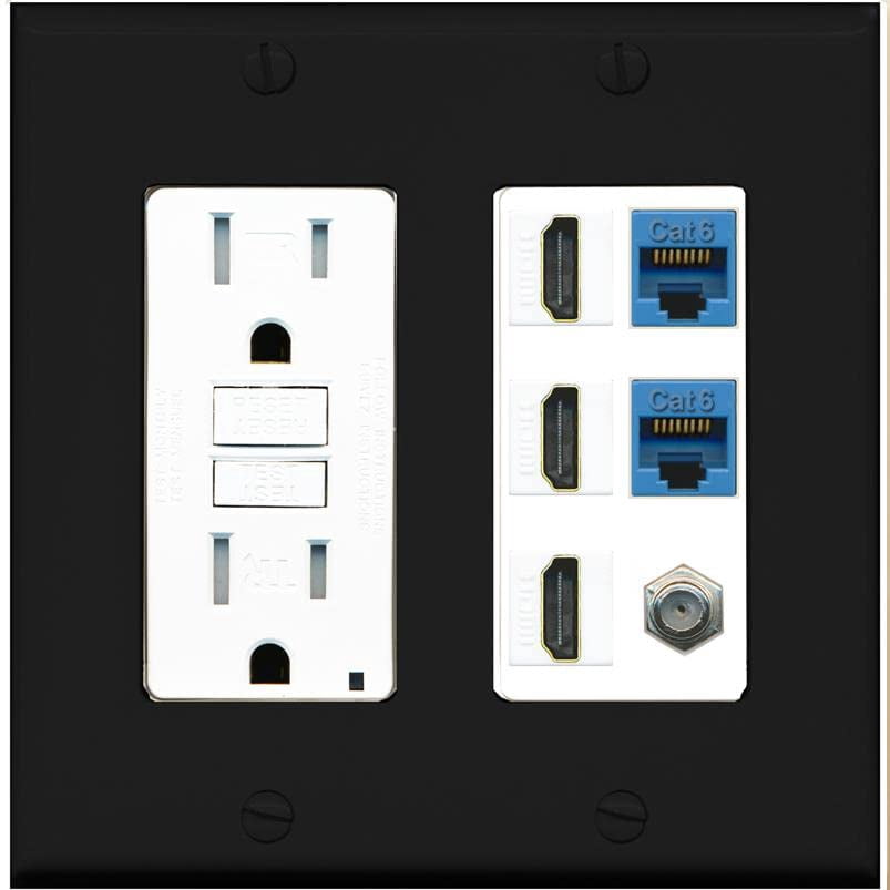 RiteAV 3 HDMI Wall Plate 2 Cat6 1 Coax - GFCI Outlet [Black/White]