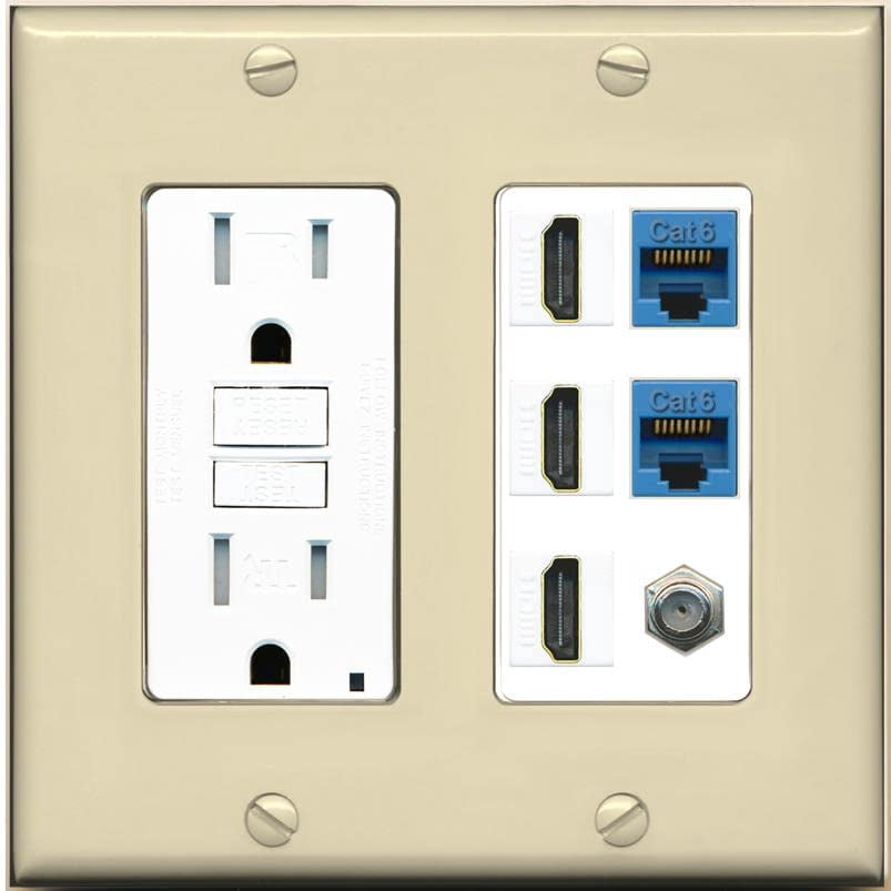 RiteAV 3 HDMI Wall Plate 2 Cat6 1 Coax - GFCI Outlet [Ivory/White]
