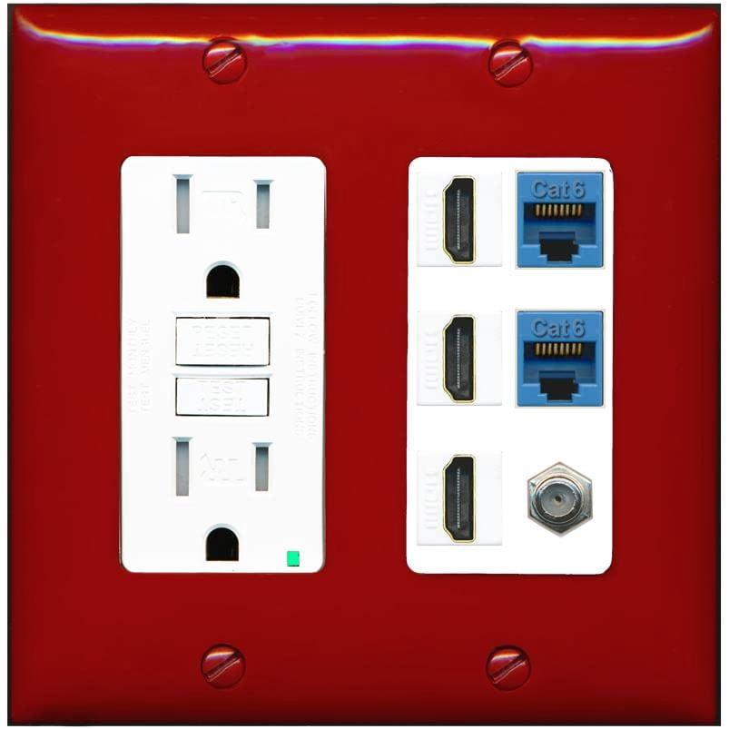 RiteAV 3 HDMI Wall Plate 2 Cat6 1 Coax - GFCI Outlet [Red/White]
