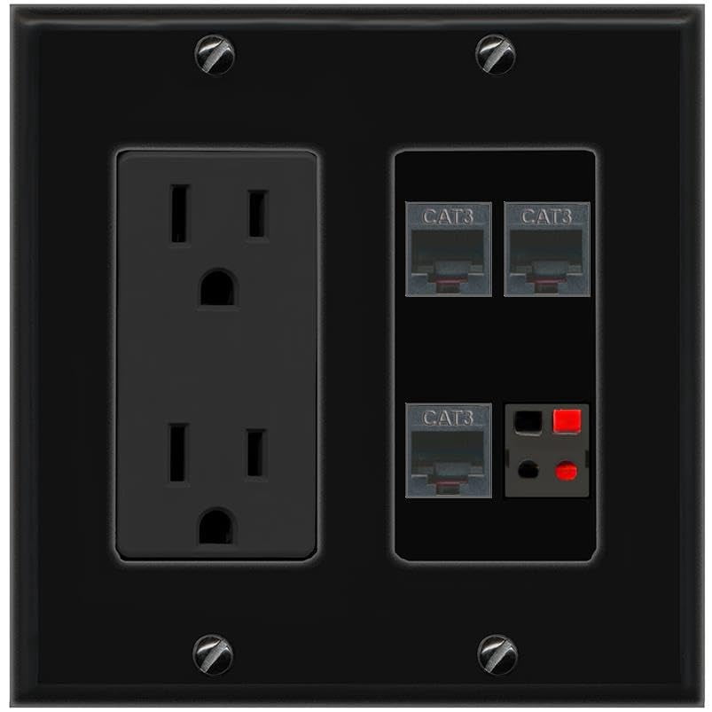 RiteAV 3 Phone Speaker Wall Plate with 15A Power Outlet [Black]