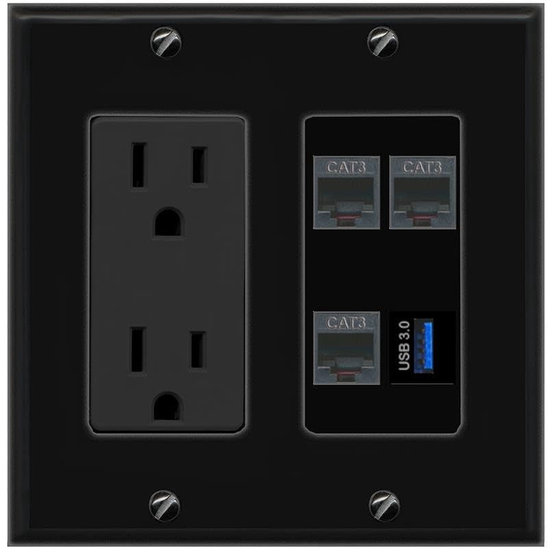 RiteAV 3 Phone USB-3 Wall Plate with 15A Power Outlet [Black]