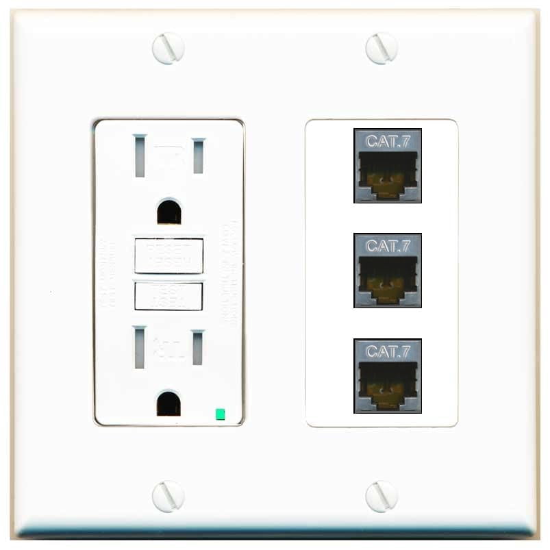 RiteAV 3 Port Cat7 Shielded Ethernet Wall Plate - GFCI Outlet [White]