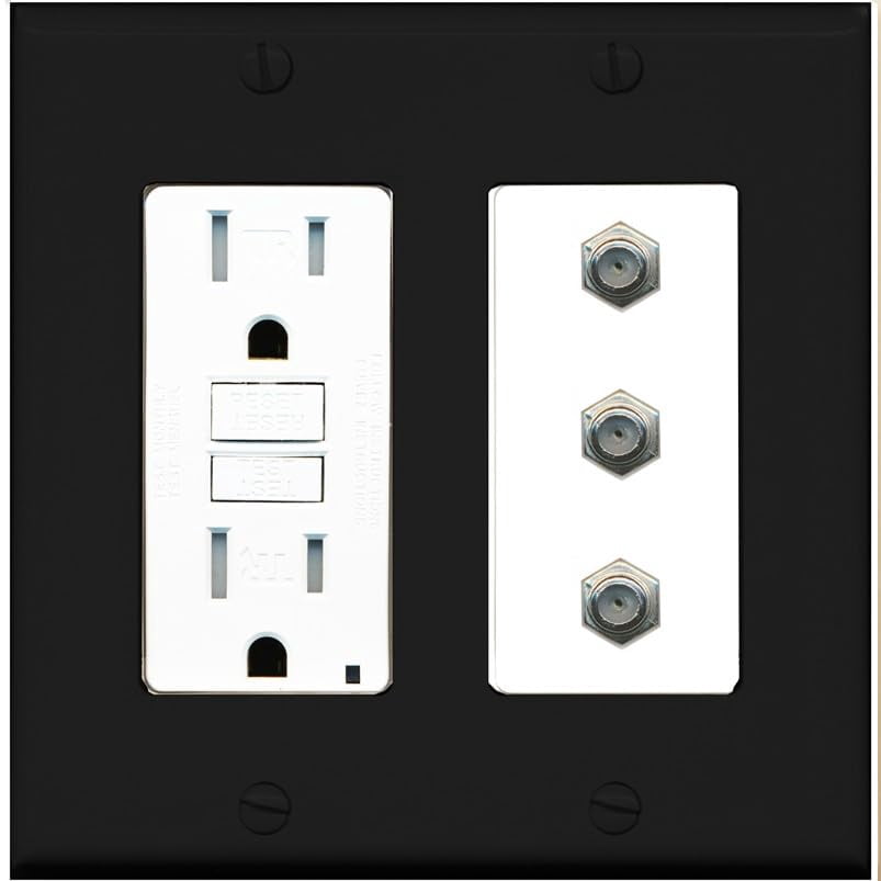 RiteAV - 3 Port Coax Cable TV- F-Type Wall Plate - GFCI Outlet [Black/White]