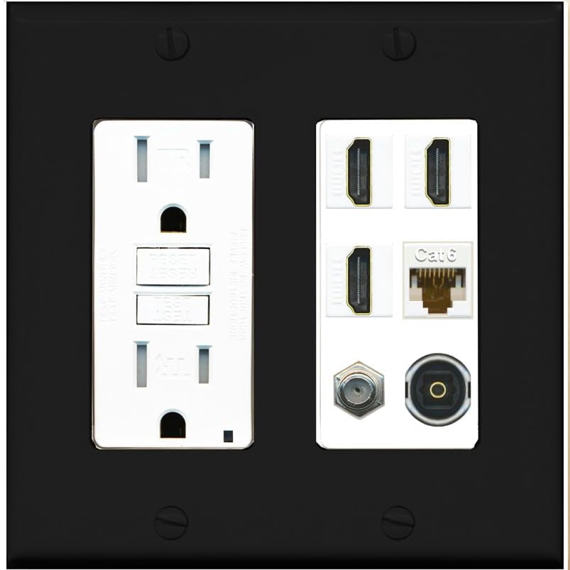 RiteAV 3 Port HDMI 1 Coax TV F-Type Cat6 Ethernet Toslink Optical Wall Plate - GFCI Outlet [Black/White]