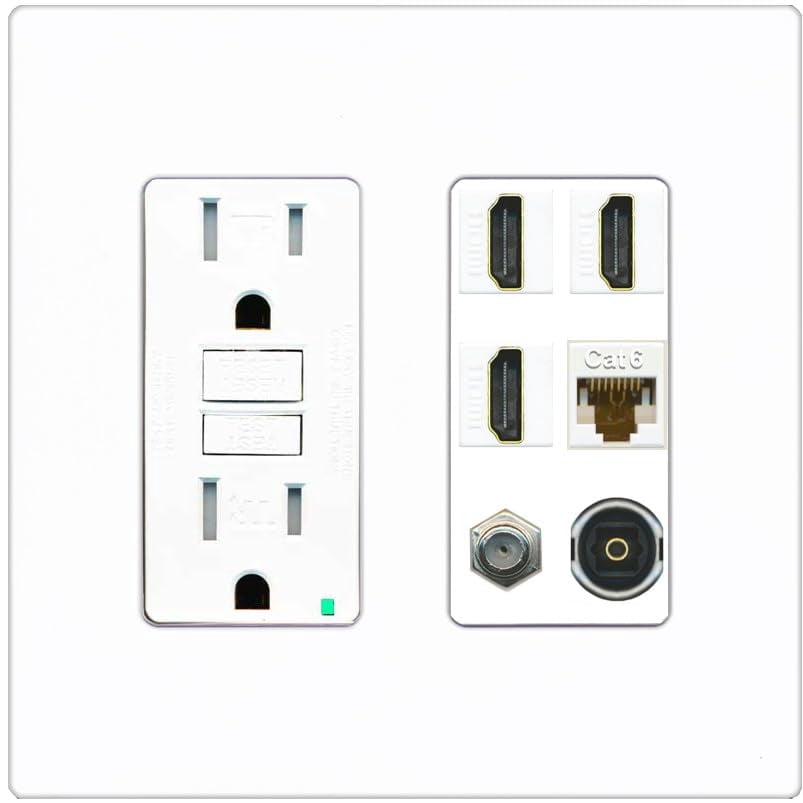 RiteAV 3 Port HDMI 1 Coax TV F-Type Cat6 Ethernet Toslink Optical Wall Plate - GFCI Outlet [Screwless White]