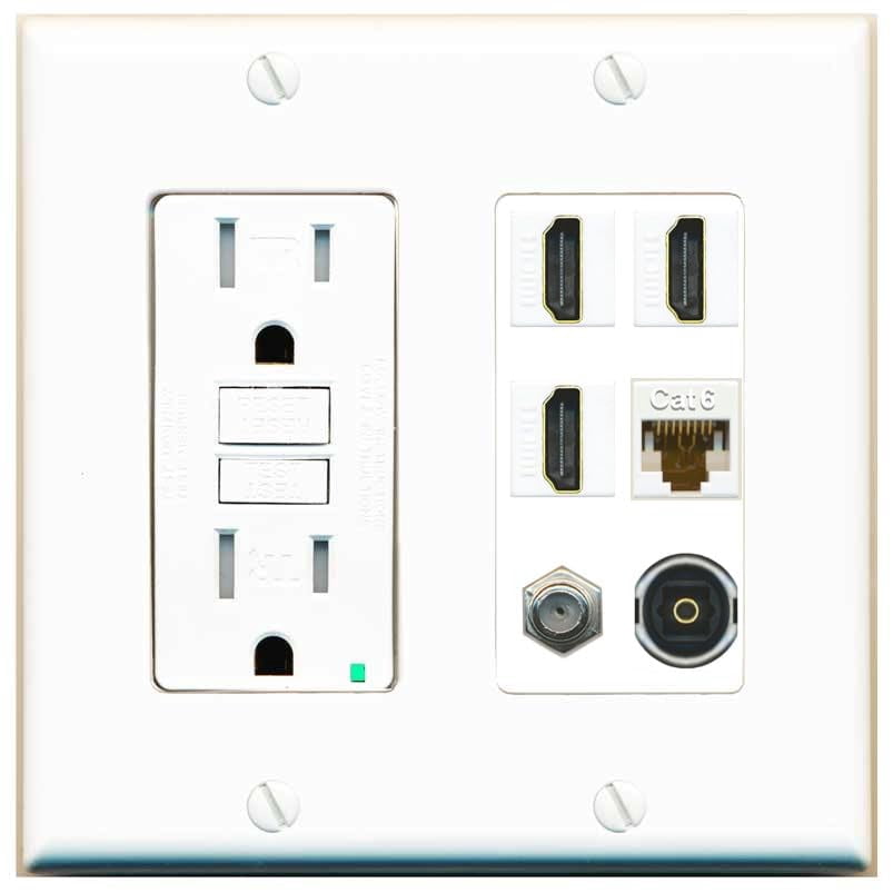 RiteAV 3 Port HDMI 1 Coax TV F-Type Cat6 Ethernet Toslink Optical Wall Plate - GFCI Outlet [White]