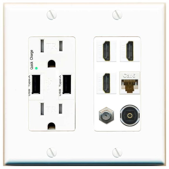 RiteAV 3 Port HDMI 1 Coax TV F-Type Cat6 Ethernet Toslink Optical Wall Plate - USB Outlet [White]