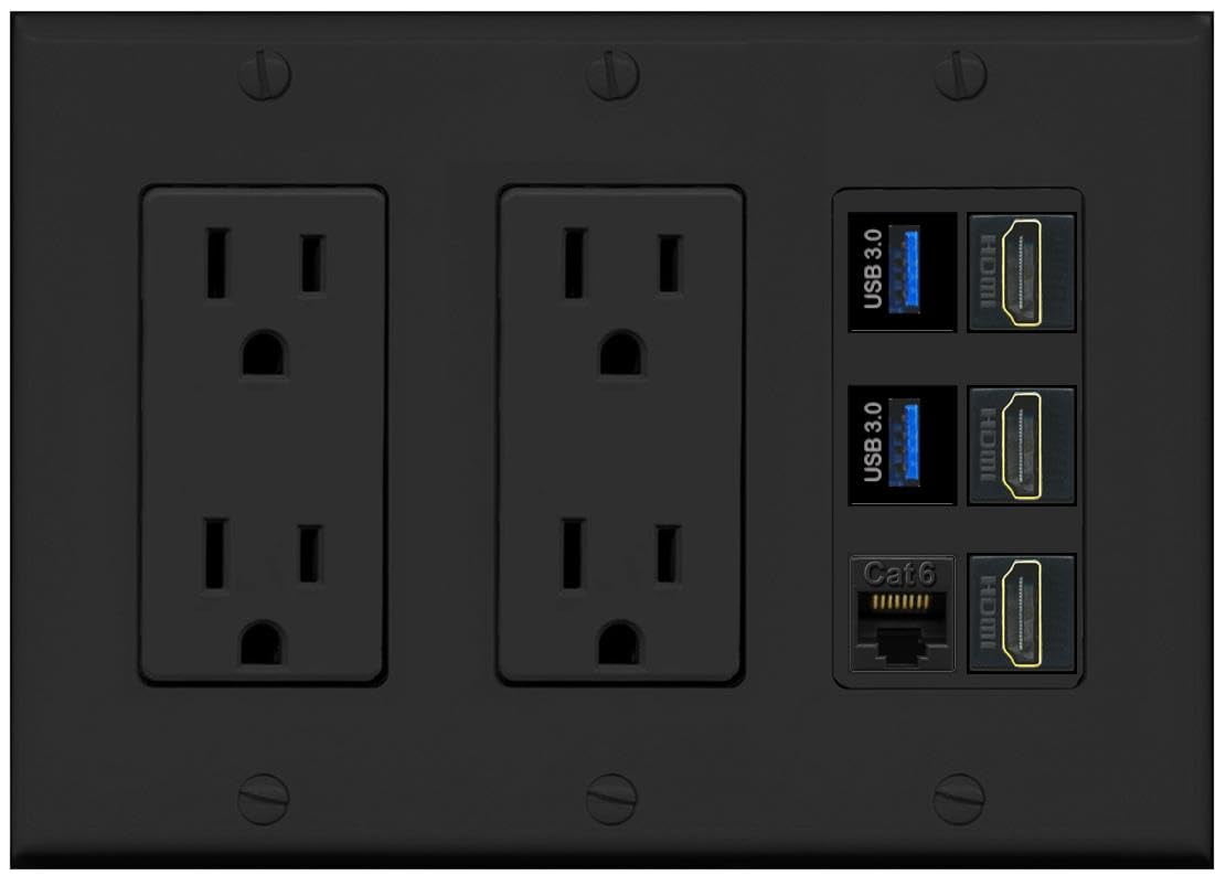 RiteAV 3 Port HDMI 2 Port USB 3.0 1 CAT6-RJ45 Wall Plate - 3 Gang 2 Outlet [Black/Black]