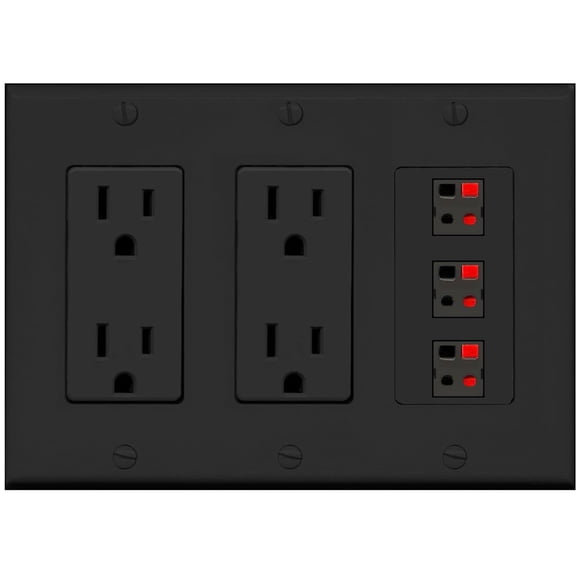 RiteAV 3 Port Speaker Wire Plug Jack Wall Plate - 3 Gang 2 Outlet [Black/Black]