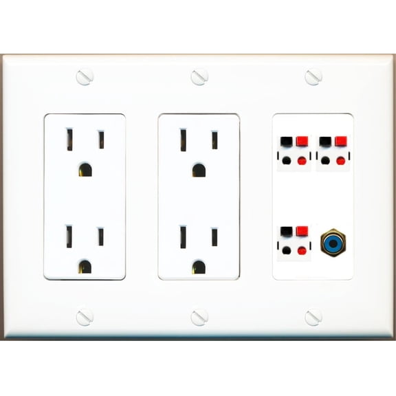 RiteAV 3 Port Speaker Wire Plug Jack Wall Plate with 1 RCA for Subwoofer - 3 Gang 2 Outlet [White]