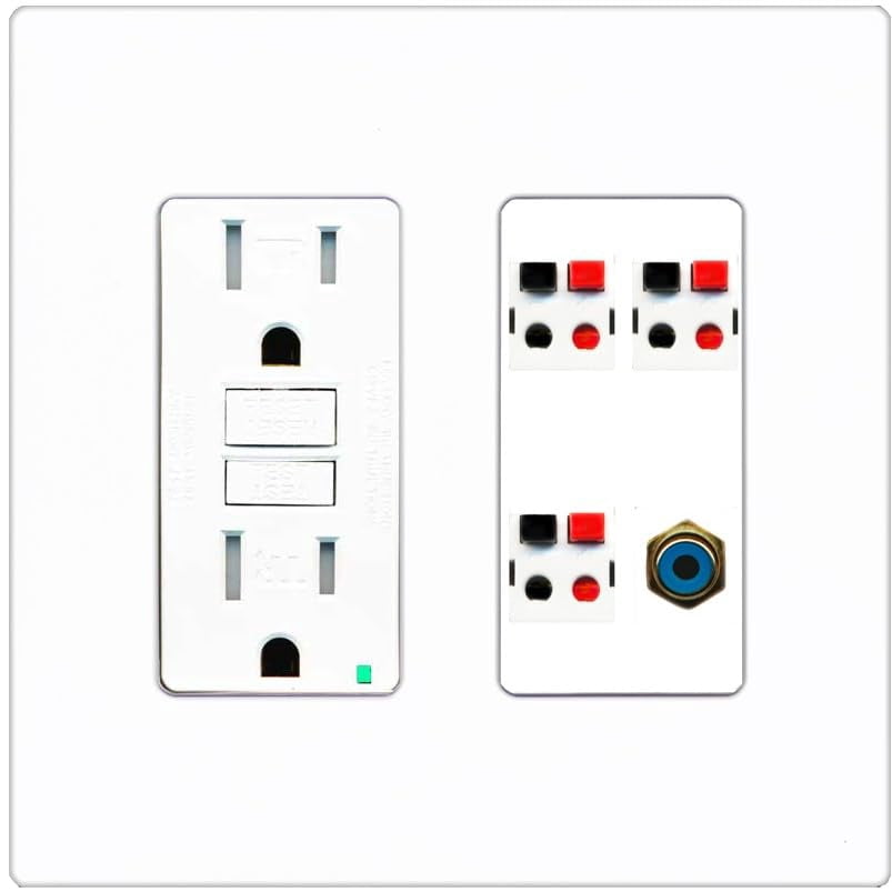 RiteAV 3 Port Speaker Wire Plug Jack Wall Plate with 1 RCA for Subwoofer - GFCI Outlet [Screwless White]