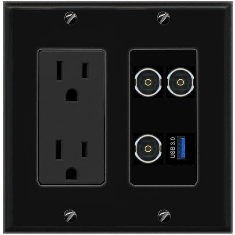 RiteAV 3 TOSLINK USB-3 Wall Plate with 15A Power Outlet [Black]