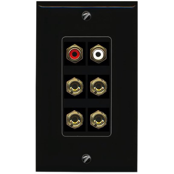 RiteAV 4 Banana (2 Speaker) Binding Post Wall Plate with 2 RCA Jacks (Red+White) - 1 Gang Decorative [Black/Black]