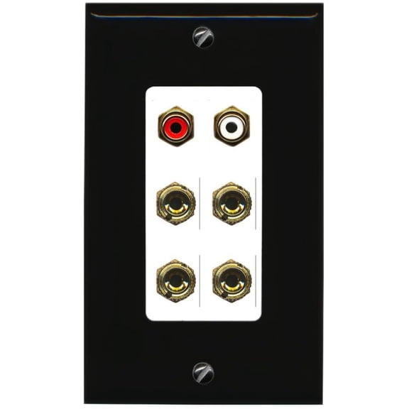 RiteAV 4 Banana (2 Speaker) Binding Post Wall Plate with 2 RCA Jacks (Red+White) - 1 Gang Decorative [Black/White]