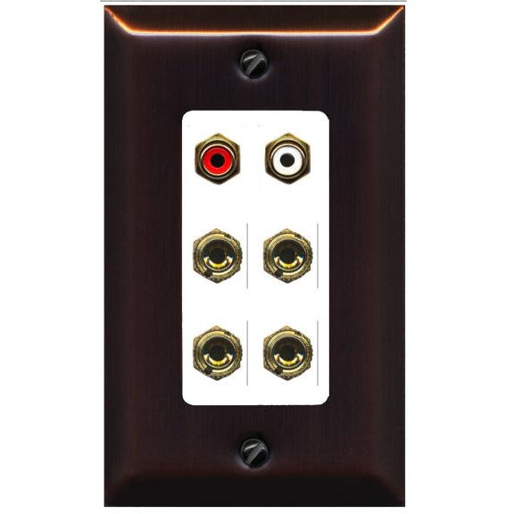 RiteAV 4 Banana (2 Speaker) Binding Post Wall Plate with 2 RCA Jacks (Red+White) - 1 Gang Decorative [Bronze/White]