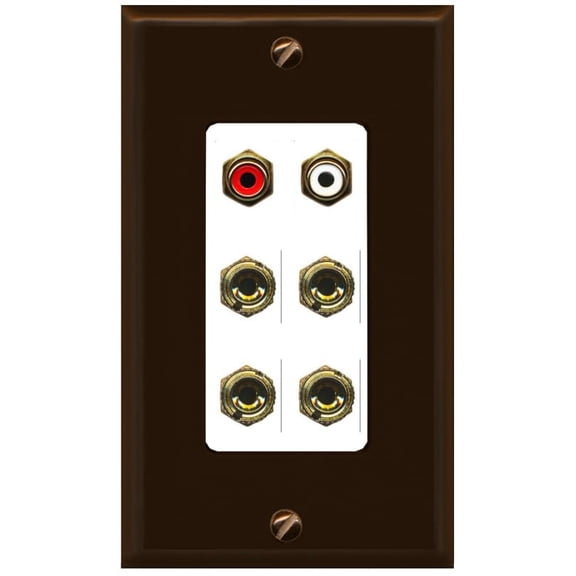 RiteAV 4 Banana (2 Speaker) Binding Post Wall Plate with 2 RCA Jacks (Red+White) - 1 Gang Decorative [Brown/White]