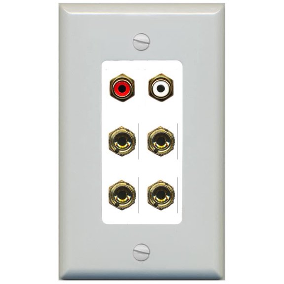 RiteAV 4 Banana (2 Speaker) Binding Post Wall Plate with 2 RCA Jacks (Red+White) - 1 Gang Decorative [Gray/White]