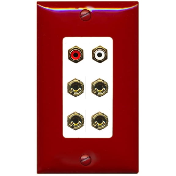 RiteAV 4 Banana (2 Speaker) Binding Post Wall Plate with 2 RCA Jacks (Red+White) - 1 Gang Decorative [Red/White]