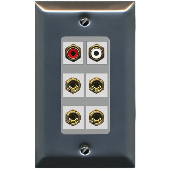 RiteAV 4 Banana (2 Speaker) Binding Post Wall Plate with 2 RCA Jacks (Red+White) - 1 Gang Decorative [Stainless/Gray]
