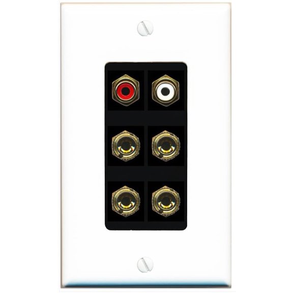 RiteAV 4 Banana (2 Speaker) Binding Post Wall Plate with 2 RCA Jacks (Red+White) - 1 Gang Decorative [White/Black]
