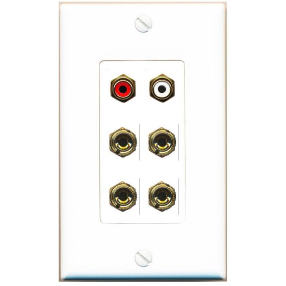 RiteAV 4 Banana (2 Speaker) Binding Post Wall Plate with 2 RCA Jacks (Red+White) - 1 Gang Decorative [White]