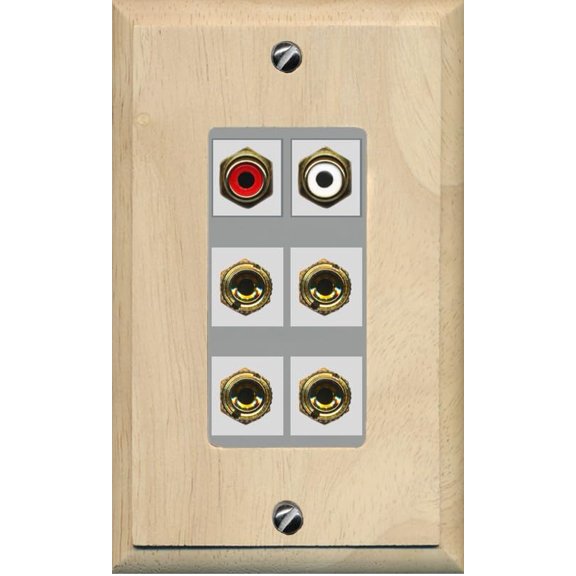 RiteAV 4 Banana (2 Speaker) Binding Post Wall Plate with 2 RCA Jacks (Red+White) - 1 Gang Decorative [Wood/Gray]