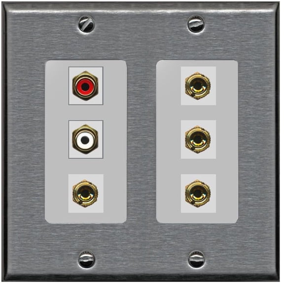RiteAV 4 Banana (2 Speaker) Binding Post Wall Plate with 2 RCA Jacks (Red+White) - 2 Gang [Stainless/Gray]