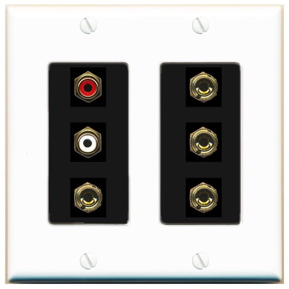 RiteAV 4 Banana (2 Speaker) Binding Post Wall Plate with 2 RCA Jacks (Red+White) - 2 Gang [White/Black]