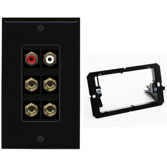 RiteAV 4 Banana (2 Speaker) Binding Post Wall Plate with 2 RCA Jacks (Red+White) - Bracket [Black/Black]