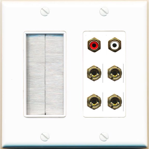 RiteAV 4 Banana (2 Speaker) Binding Post Wall Plate with 2 RCA Jacks (Red+White) - Brush [White]