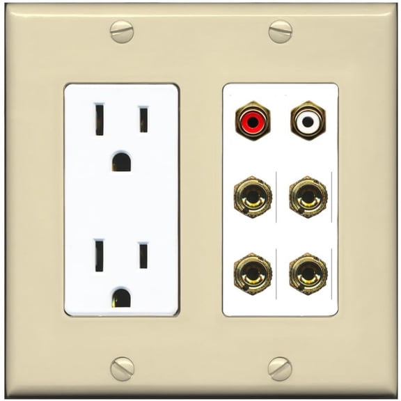 RiteAV 4 Banana (2 Speaker) Binding Post Wall Plate with 2 RCA Jacks (Red+White) - Outlet [Ivory/White]