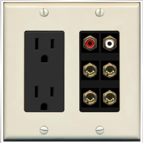 RiteAV 4 Banana (2 Speaker) Binding Post Wall Plate with 2 RCA Jacks (Red+White) - Outlet [Light-Almond/Black]