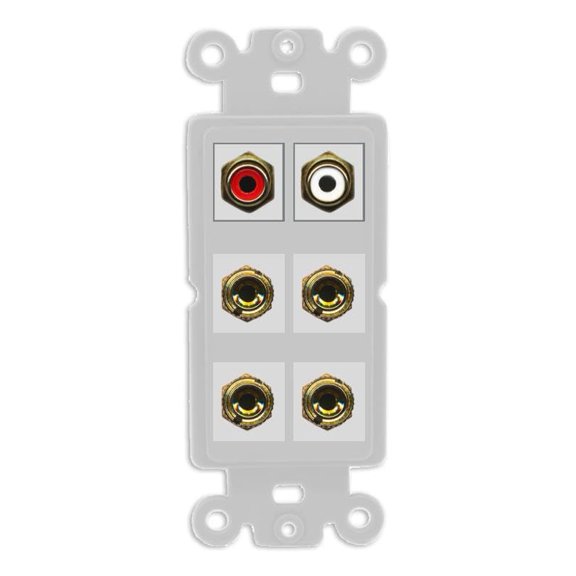 RiteAV 4 Banana (2 Speaker) Binding Post Wall Plate with 2 RCA Jacks (Red+White) - Rocker [Gray/Gray]