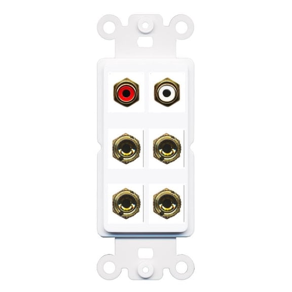 RiteAV 4 Banana (2 Speaker) Binding Post Wall Plate with 2 RCA Jacks (Red+White) - Rocker [White]