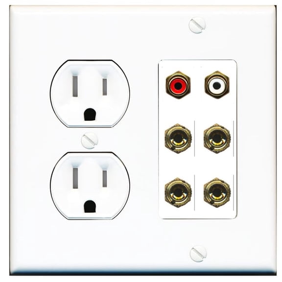 RiteAV 4 Banana (2 Speaker) Binding Post Wall Plate with 2 RCA Jacks (Red+White) - Round Tamper Resistant Outlet [White]