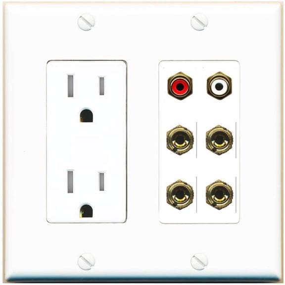 RiteAV 4 Banana (2 Speaker) Binding Post Wall Plate with 2 RCA Jacks (Red+White) - Tamper-Resistant Outlet [White]