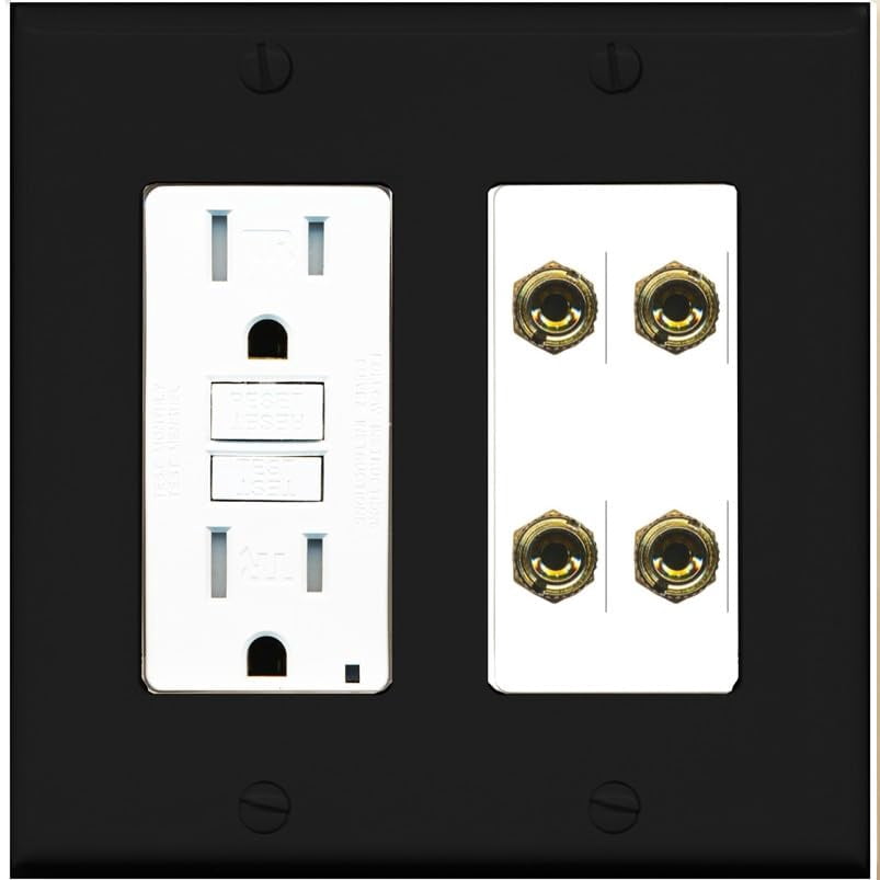 RiteAV 4 Banana 2 Speaker Surround Female Coupler Binding Post Wall Plate - GFCI Outlet [Black/White]