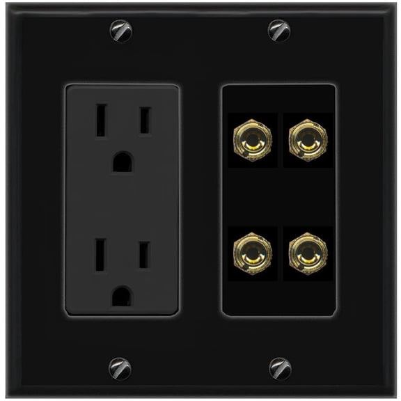 RiteAV 4 Banana 2 Speaker Surround Female Coupler Binding Post Wall Plate - Outlet [Black/Black]