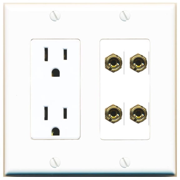 RiteAV 4 Banana 2 Speaker Surround Female Coupler Binding Post Wall Plate - Outlet [White]
