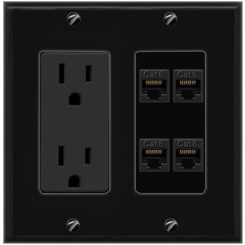 RiteAV 4 CAT6 Wall Plate with 15A Power Outlet [Black]