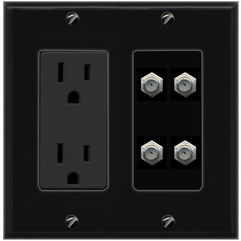 RiteAV 4 Coax Wall Plate with 15A Power Outlet [Black]
